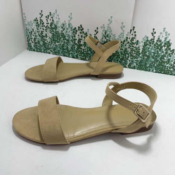 J. Crew Factory Ankle Strap Flat Tan Khaki Faux Suede Strappy Sandals Size 7 EUC - Picture 5 of 16